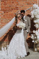 Gorgeous A-line Off-the-Shoulder 3D Flowers Beach Wedding Dresses